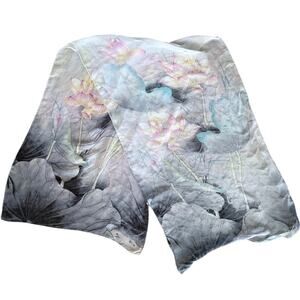 VINTAGE lotus blue green pink floral silky lightweight semi sheer long scarf